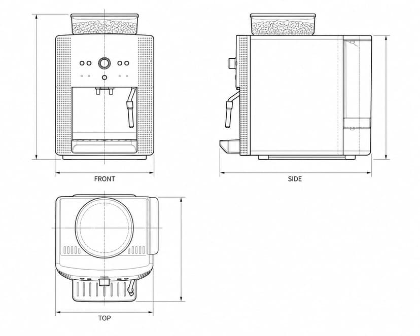 Generate a Three-View Drawing of a Coffee Machine