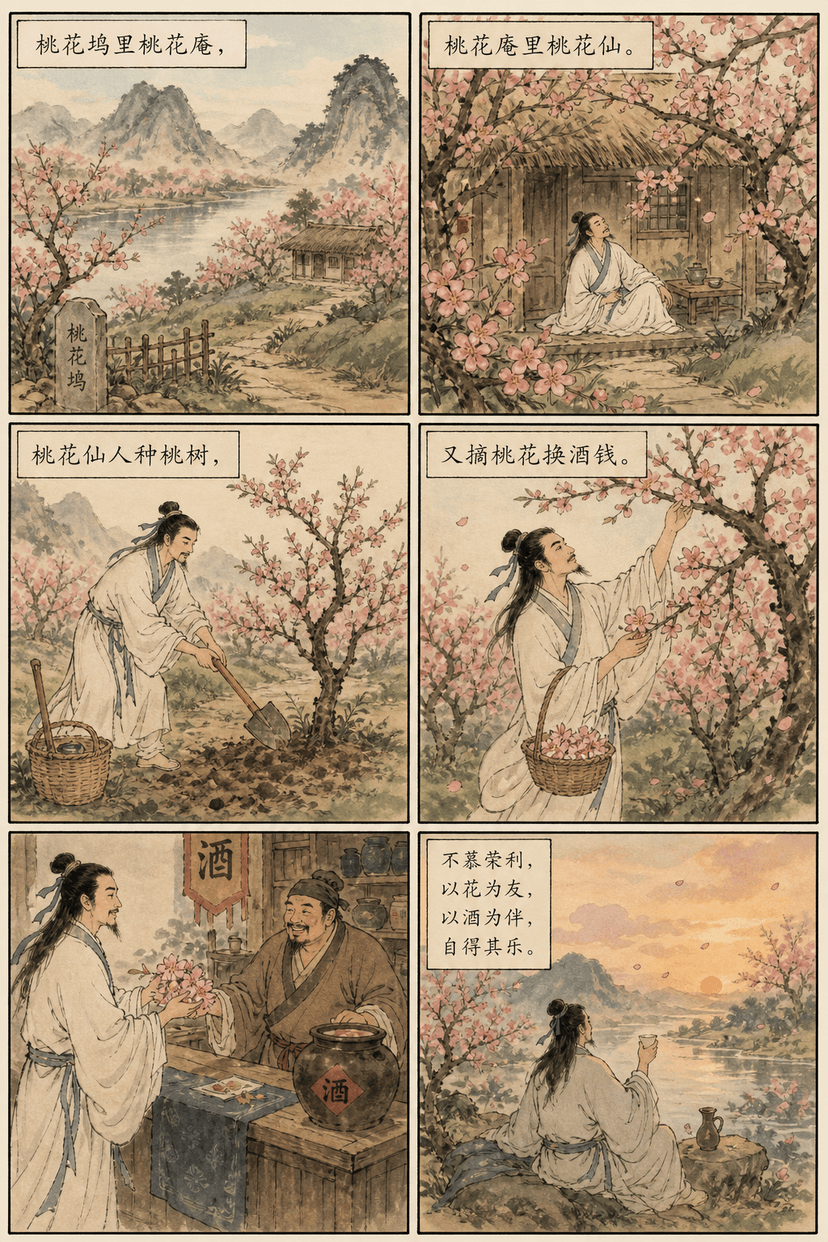 Transform Poetry into Comic Pages --- The Peach Blossom Immortal Plants Peach Trees, Then Trades Peach Blossoms for Wine Money