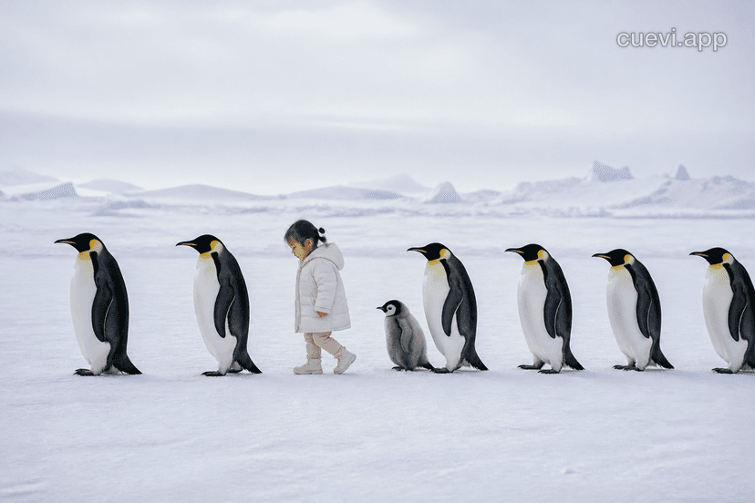 Queue with Emperor Penguins in the Middle of the Line