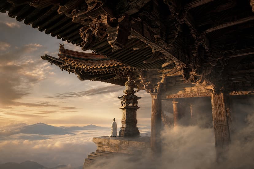 Song Dynasty Ancient Temple in Sea of Clouds with Deep Cinematic Depth—Taiyuan Jinci Holy Mother Hall