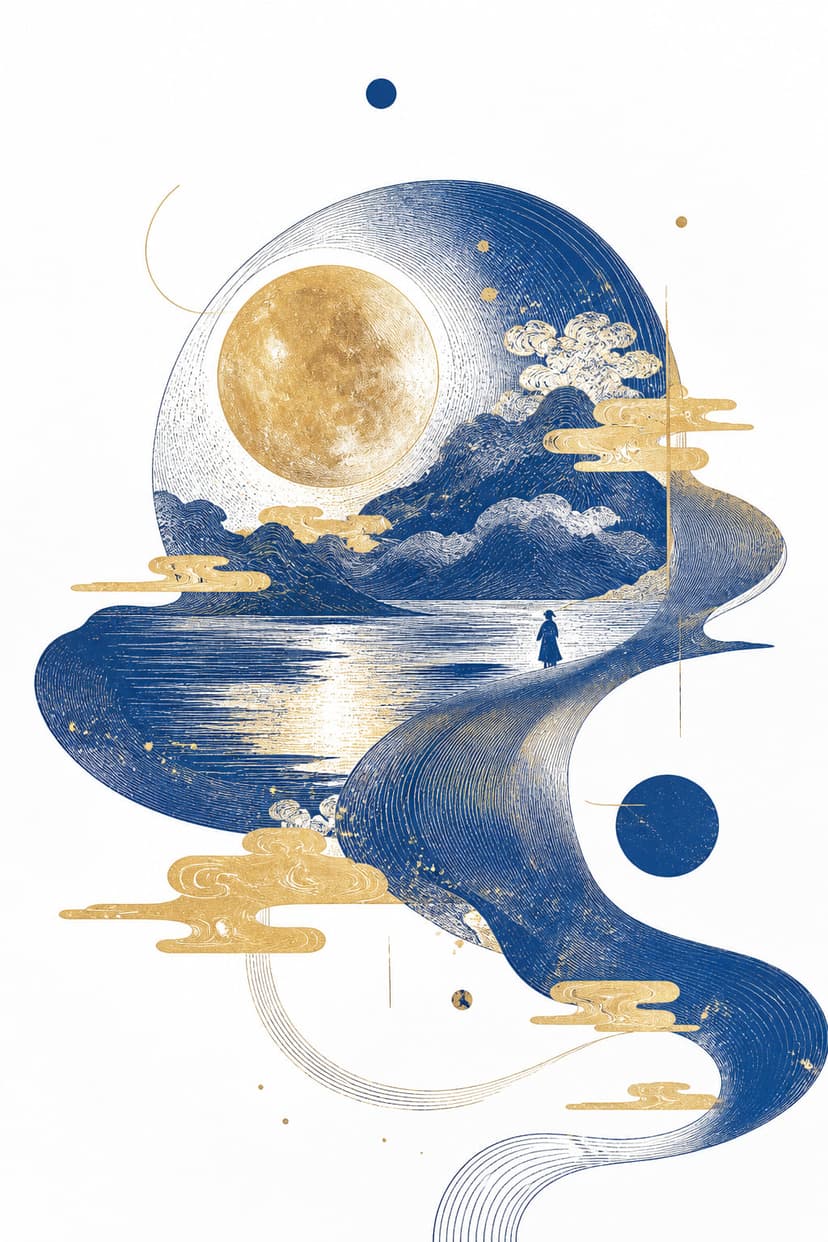 Abstract Mountains and Seas Visual Poster—Bright Moon Rises Over the Sea, Shared Across Distant Horizons
