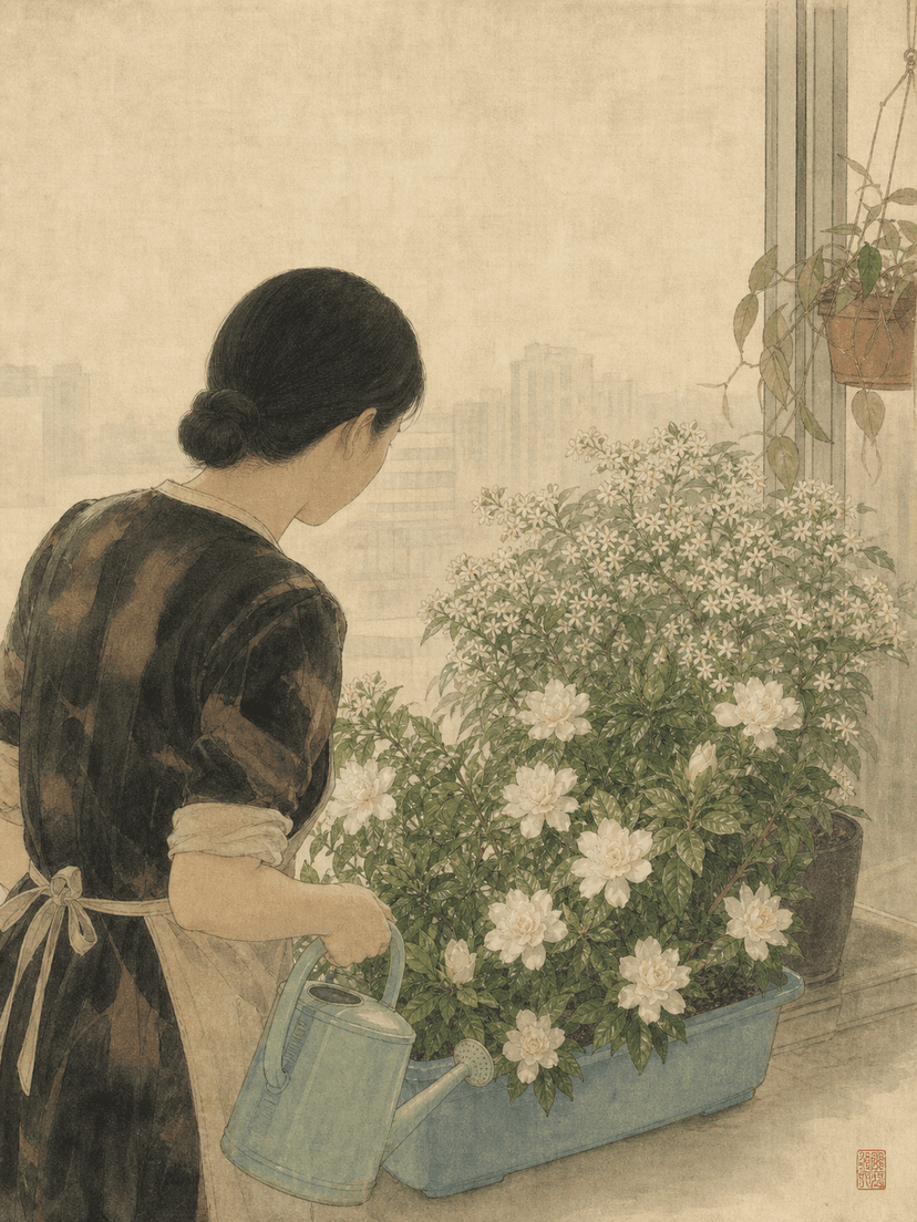 Mom Tending to Flowers on the Balcony, Painted into a Fine Brushwork Drawing